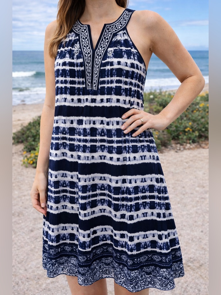 Sleeveless Navy & White Patterned Midi Dress With Embroidered Neckline